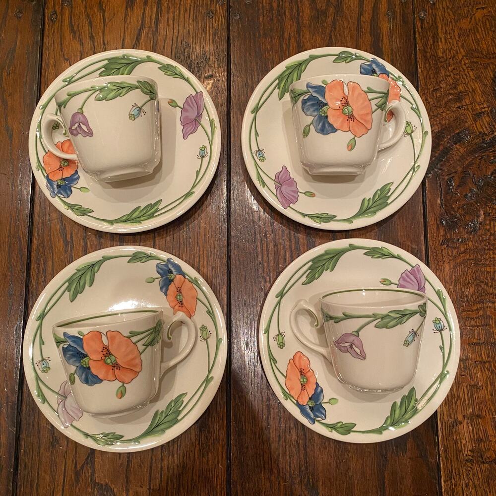 MINT Set of 4 Villeroy & Boch Amapola Tea Cups and Saucers 8 Pieces